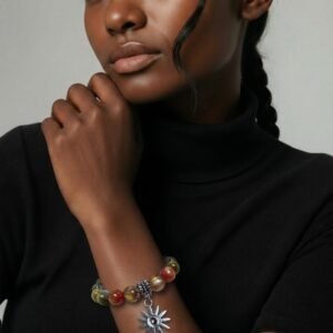 Tri‑Color Beaded Stretch Bracelet with Antique Sun Charm
